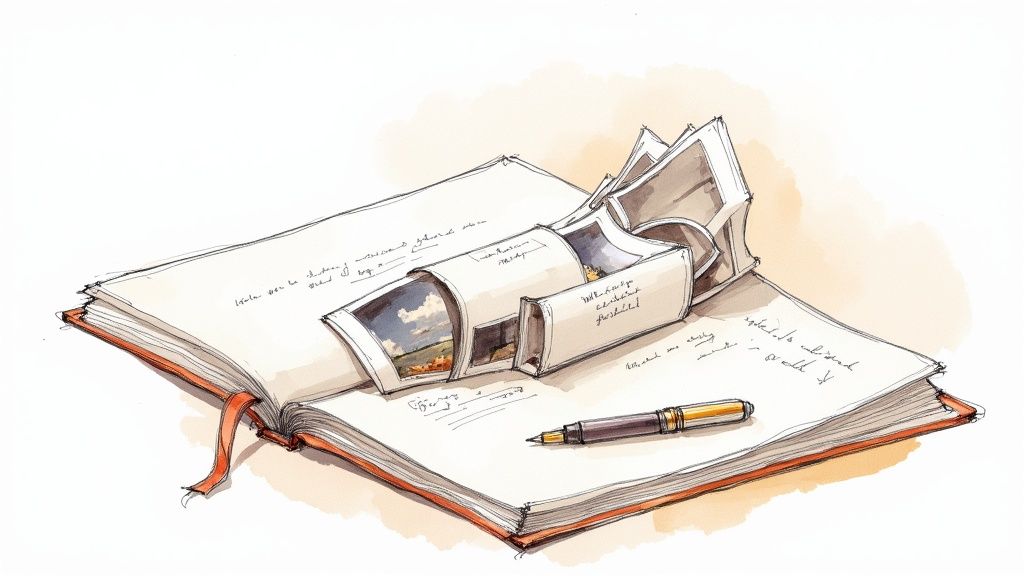 An open notebook with handwritten notes, a pop-up photo strip, and a pen.