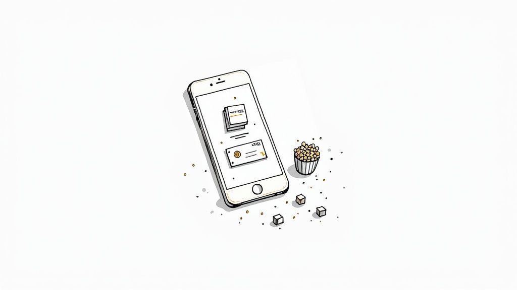 Minimalist illustration showing a smartphone with an online shopping gift box and a cup of popcorn.