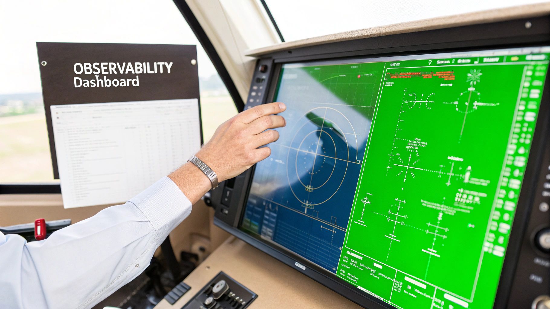Pilot's hand interacting with a digital observability dashboard and flight control display in a modern cockpit.