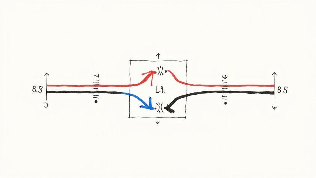 A hand-drawn diagram illustrating multiwire branch circuits with red and black lines through a central box.