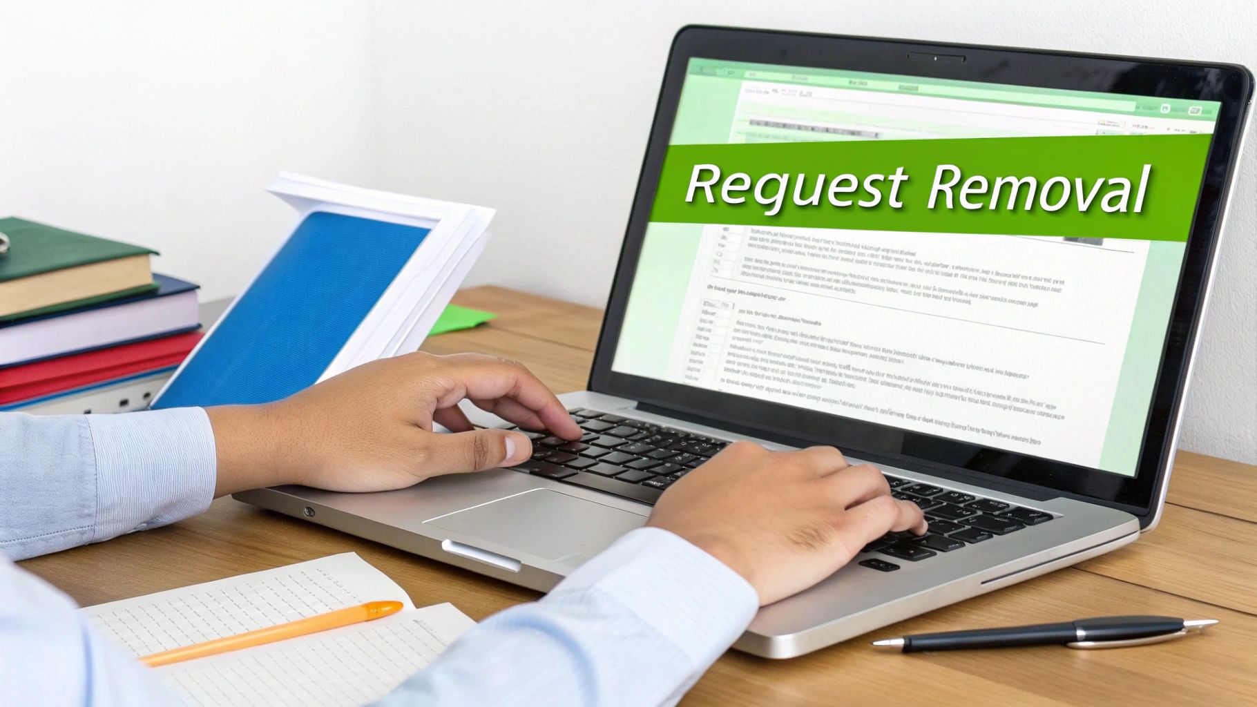 A person typing on a laptop with 'Request Removal' displayed, surrounded by office supplies and books.