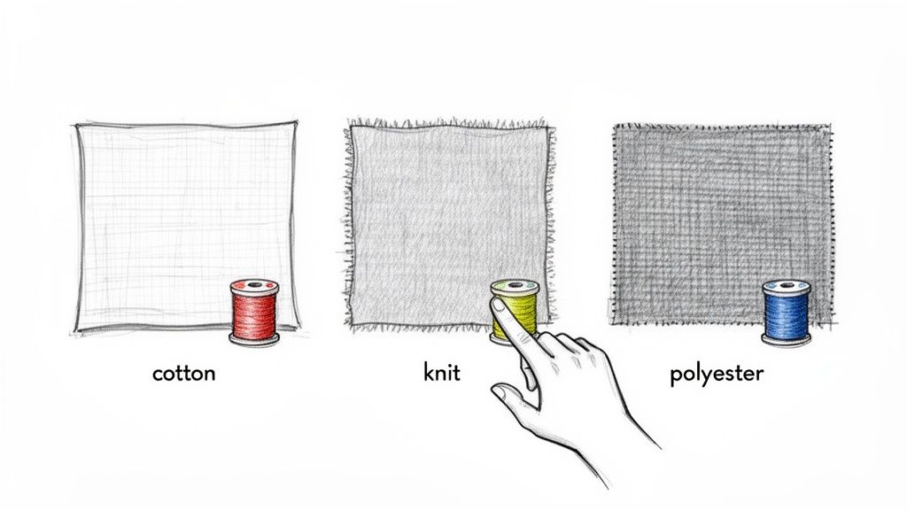 Three fabric swatches: cotton, knit, and polyester, each with a matching spool of thread. A hand touches the knit sample.