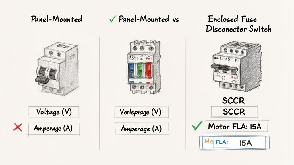 Comparison of different panel-mounted and enclosed fuse disconnector switches with electrical specifications.