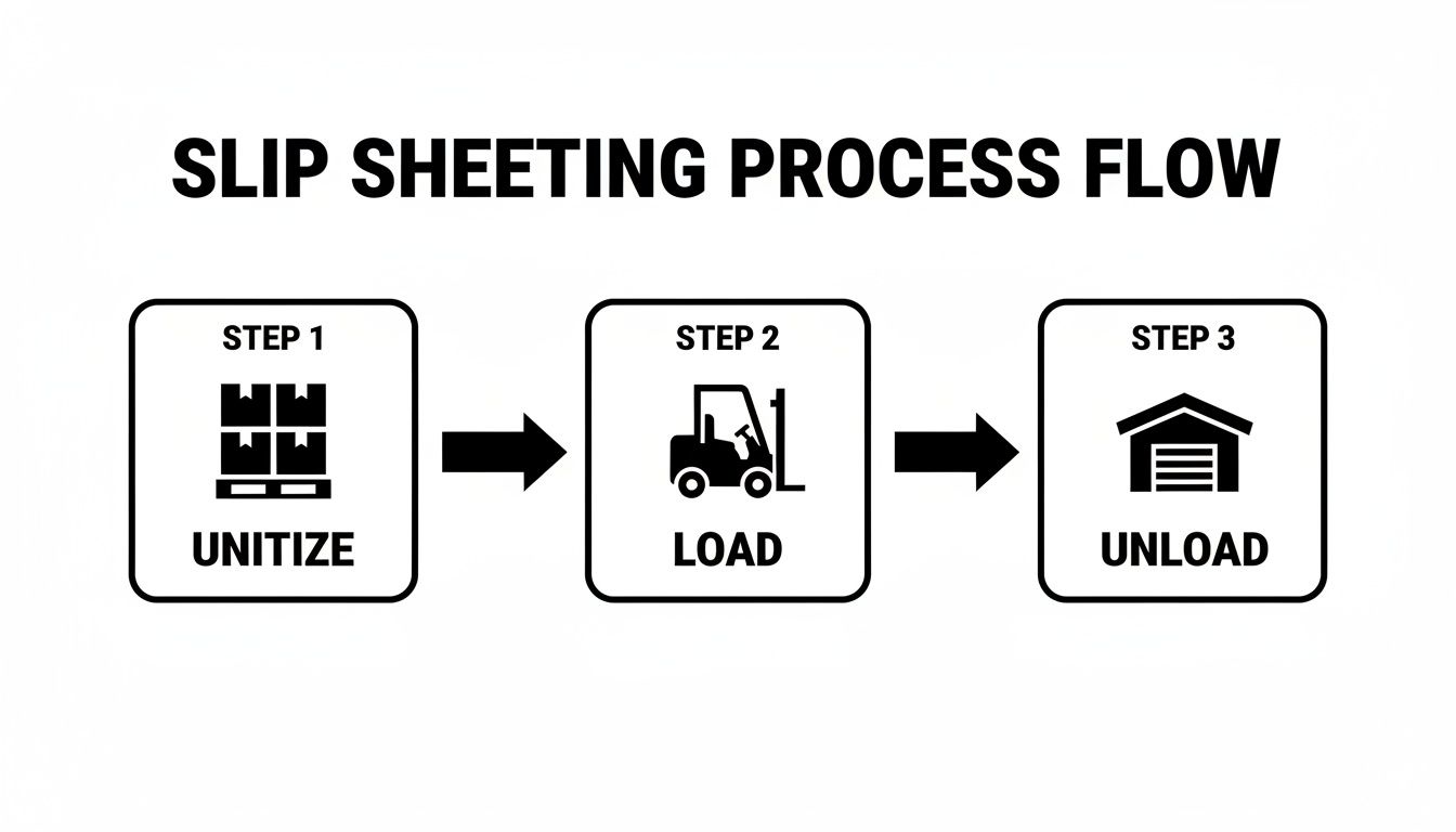 A three-step slip sheeting process flow diagram showing unitize, load, and unload.