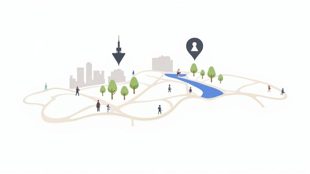 A stylized, authentic map showing a city skyline, green park spaces, a flowing river, and two prominent location markers.