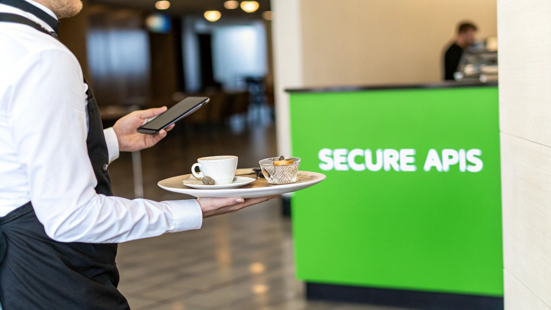 A server holds a tray with coffee and a smartphone, standing near a green counter displaying 'SECURE APIS'.