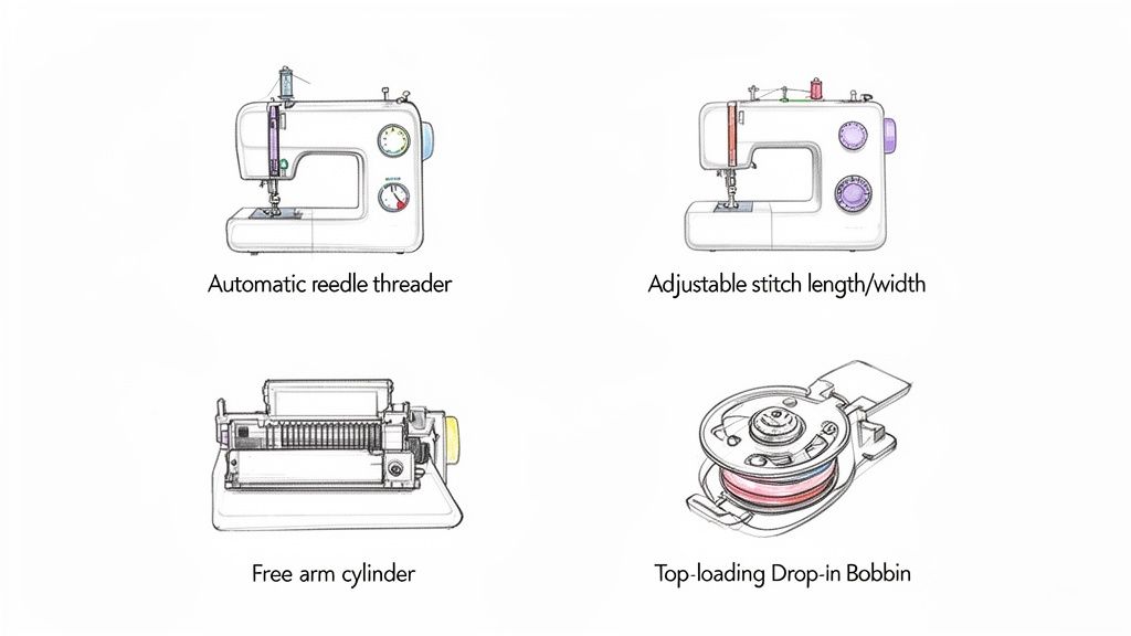 Four illustrations showcasing key sewing machine features: automatic needle threader, adjustable stitch settings, free arm cylinder, and a top-loading drop-in bobbin.