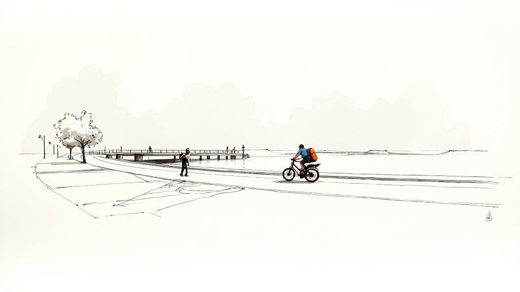 Person cycling along scenic waterfront promenade with trees and pedestrians on boardwalk