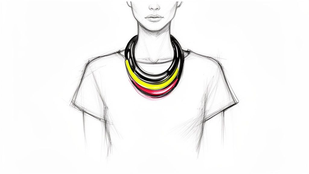 A fashion sketch illustrating a person wearing a bold, multi-strand black, yellow, and red statement necklace.