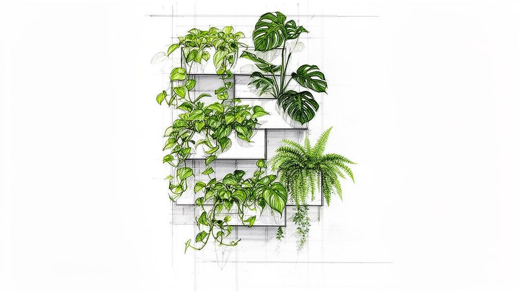 Detailed sketch of a vertical garden with green houseplants, including pothos, monstera, and a fern, in wall planters.