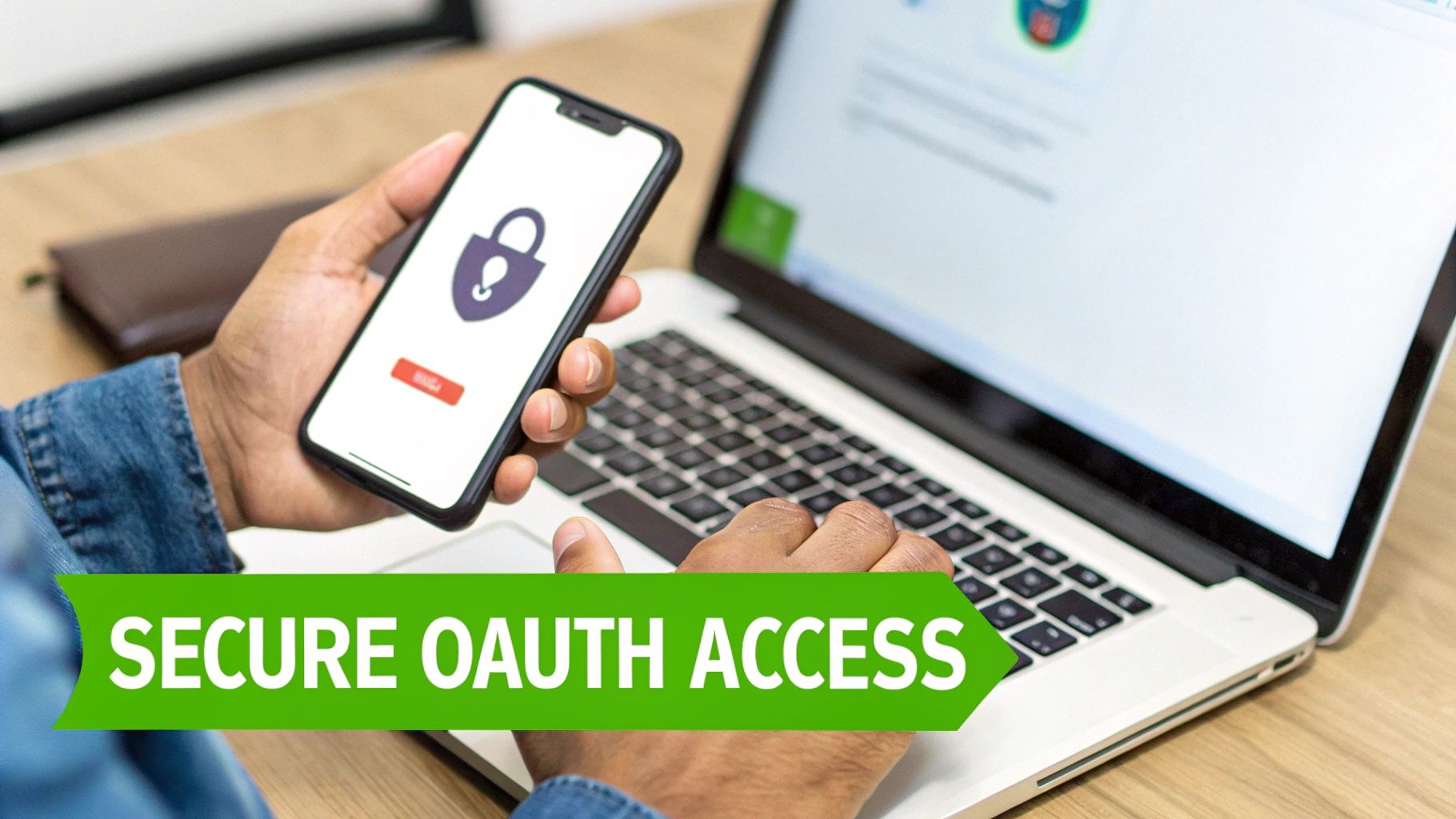 Person holding a smartphone showing a lock icon for secure OAuth access, with a laptop in the background.