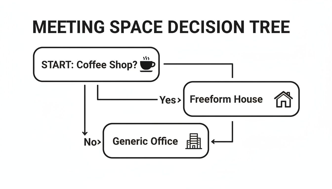 A meeting space decision tree diagram showing choices between a coffee shop, freeform house, and generic office.