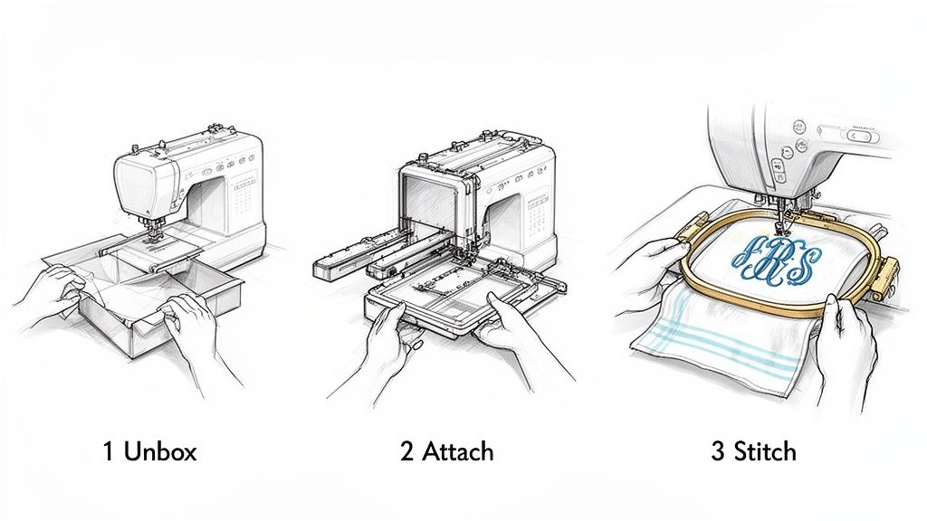 A three-step guide for using a sewing and embroidery combo machine: unbox, attach, and stitch.