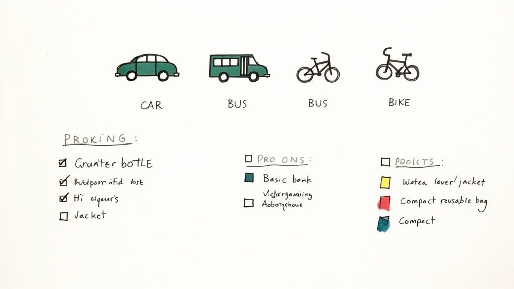 A hand-drawn diagram showing travel options like car, bus, and bike, with lists of trip essentials.