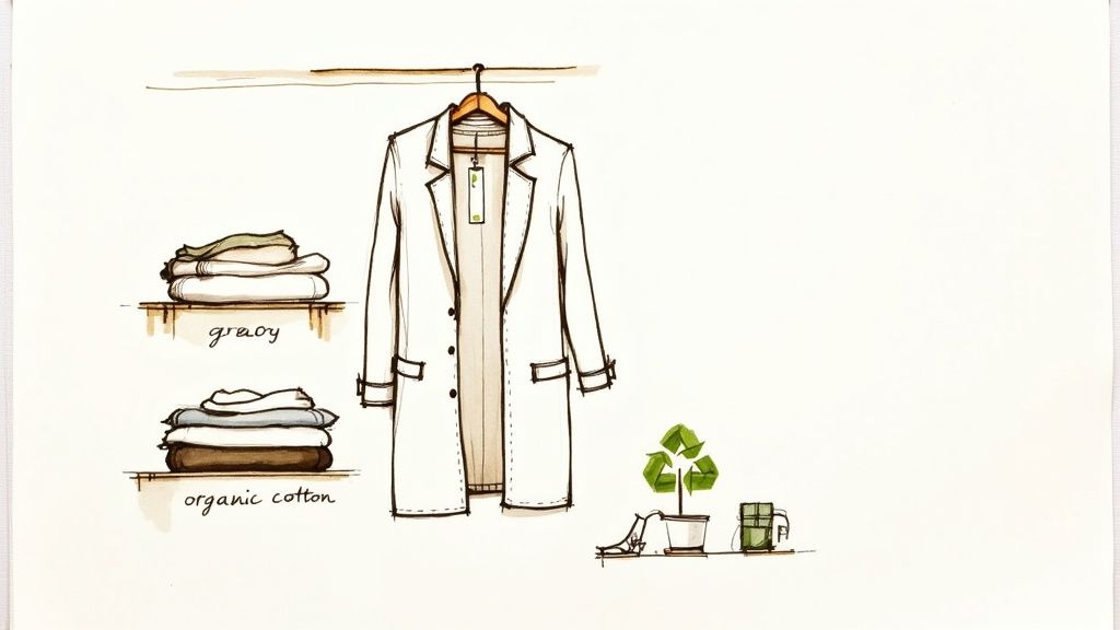 A woman holding a hanger with a stylish blouse, showcasing a thoughtful approach to her wardrobe