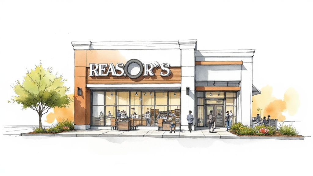 An exterior view of the Reasor's building in Jenks, Oklahoma, under a clear blue sky