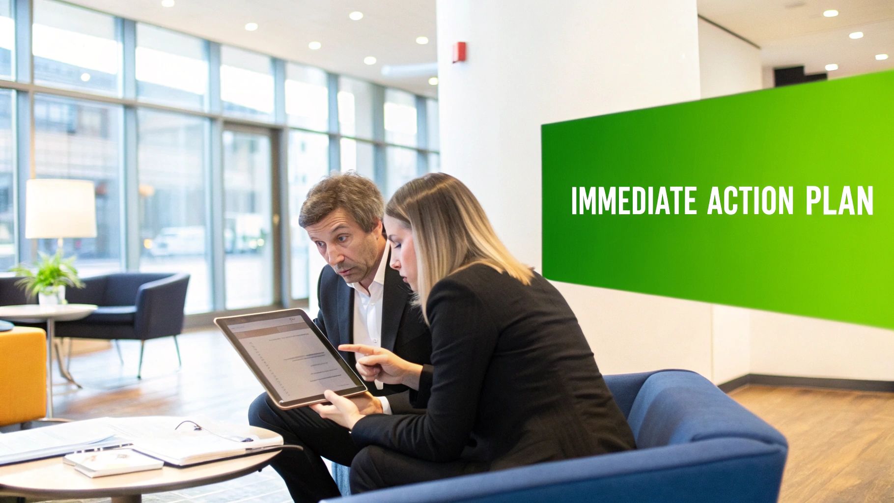 Two business professionals discussing an immediate action plan on a tablet in an office lounge.