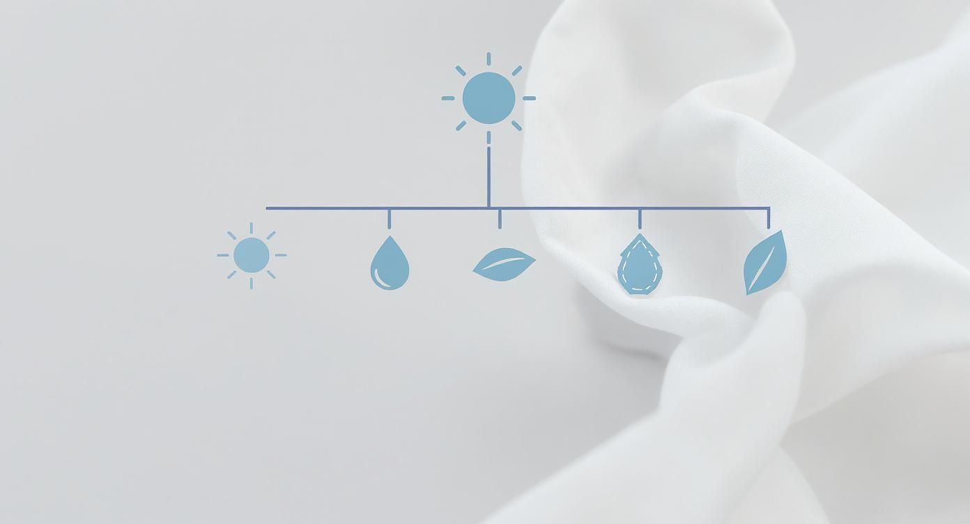 Sustainable fashion concept diagram showing sun, water drops, and leaves representing natural linen production