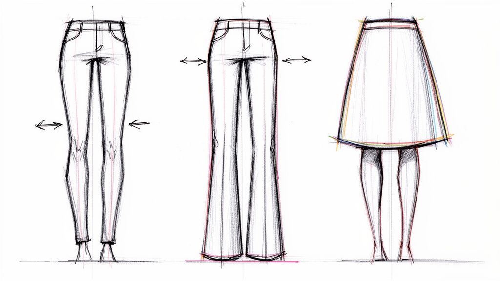 Fashion illustrations demonstrating three garment types: skinny jeans, bootcut pants, and an A-line skirt over legs.
