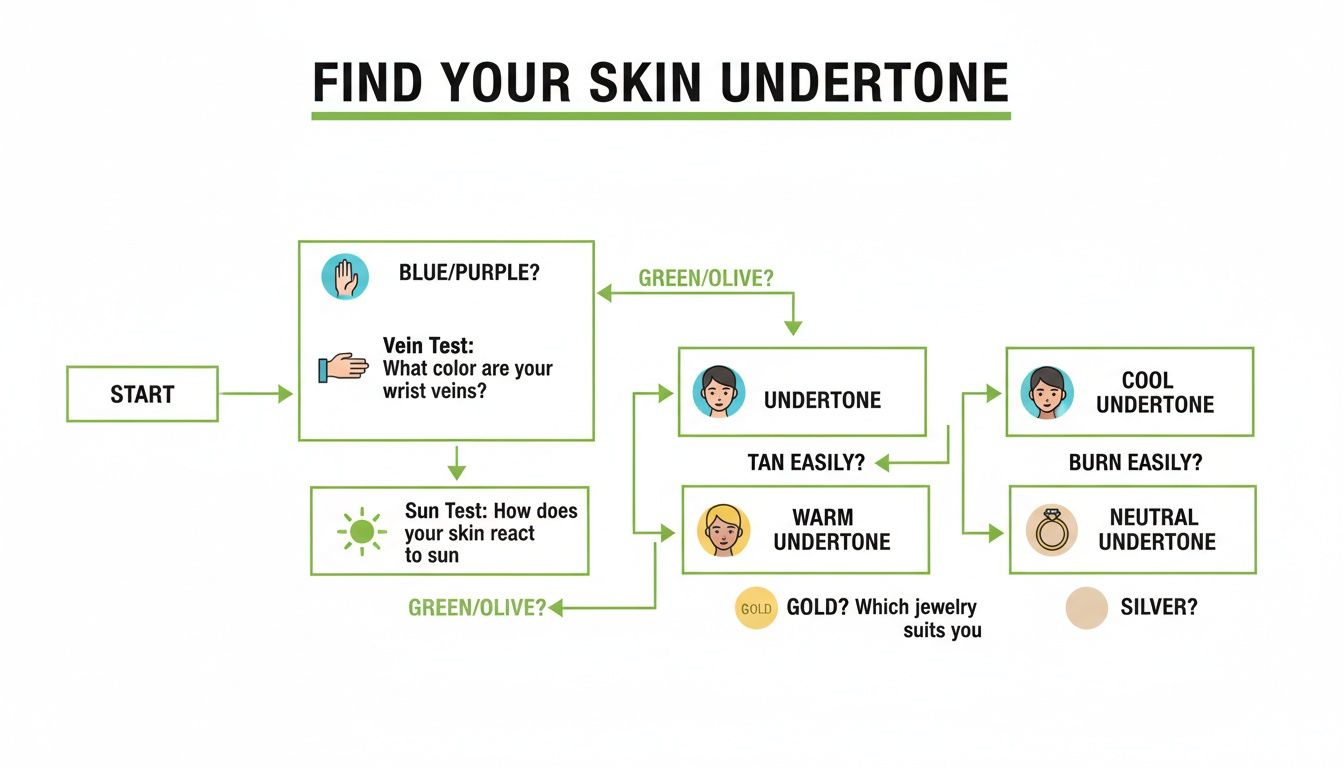 A flowchart guiding users through steps to determine their skin undertone based on vein color, sun reaction, and jewelry.