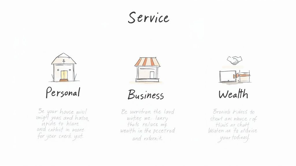 A diagram outlining three service categories: Personal with a house, Business with a store, and Wealth with a handshake.