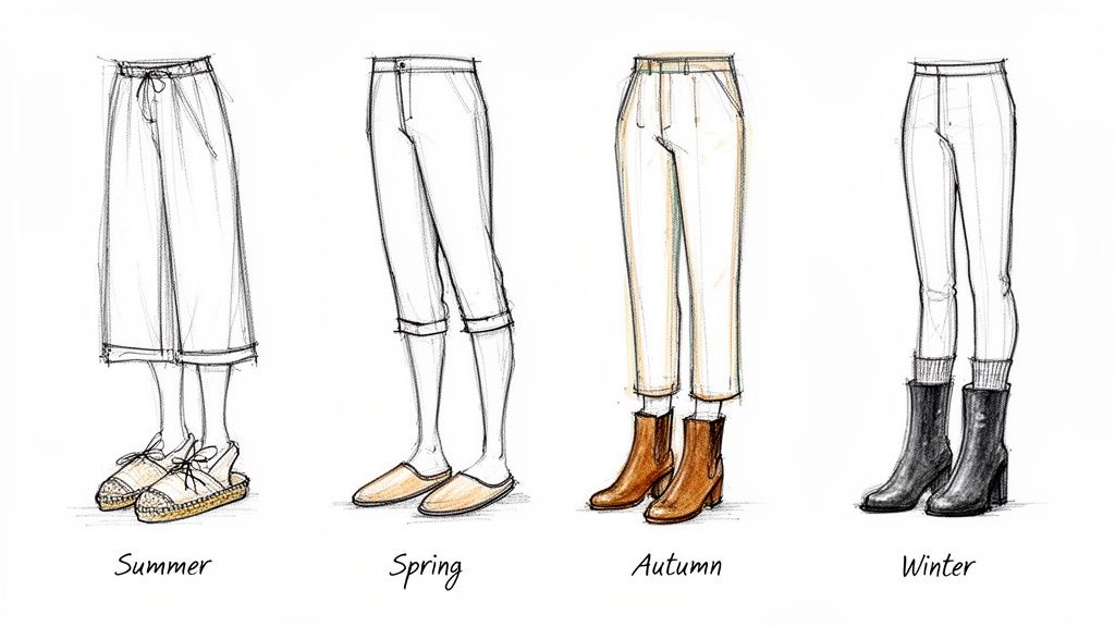 Illustrations show four cropped pant styles paired with different seasonal shoes: espadrilles, flats, and boots.