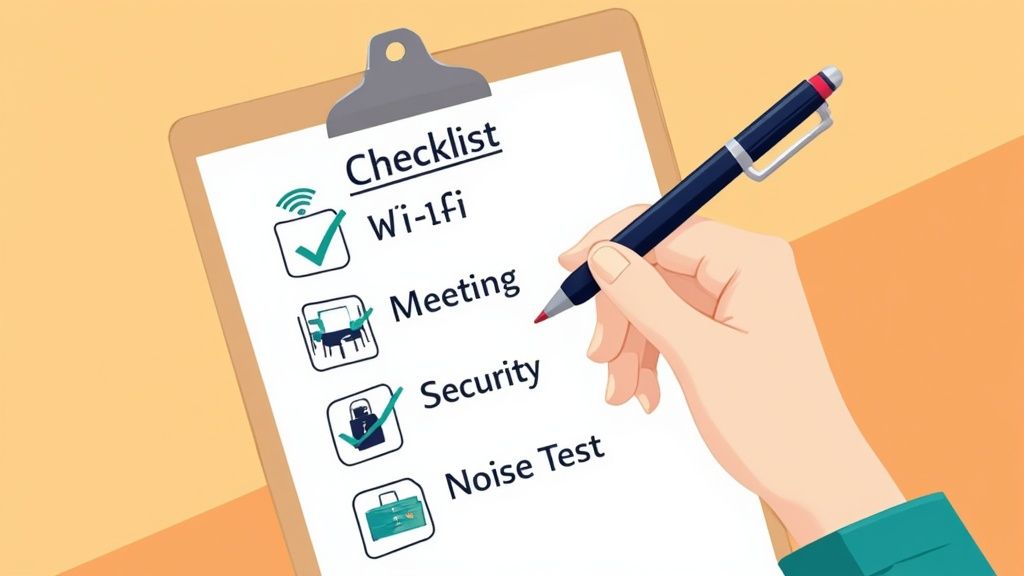 A hand with a pen checking off tasks on a checklist on a clipboard, including Wi-fi, Meeting, and Security.