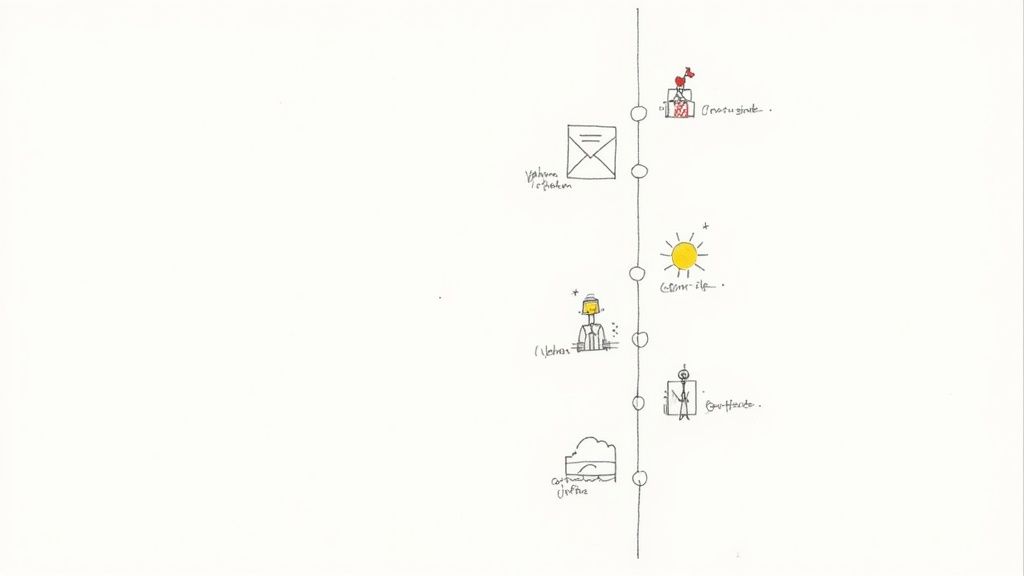 Hand-drawn timeline diagram depicting various life processes or service steps with icons and text.