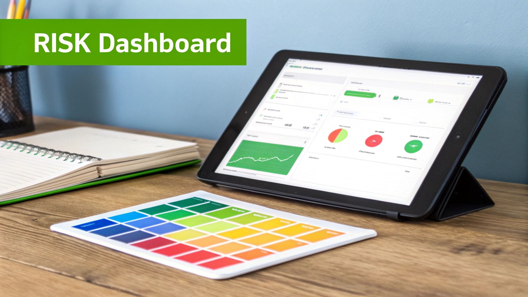 A tablet displays a 'RISK Dashboard' with green charts and data visualizations on a wooden desk.