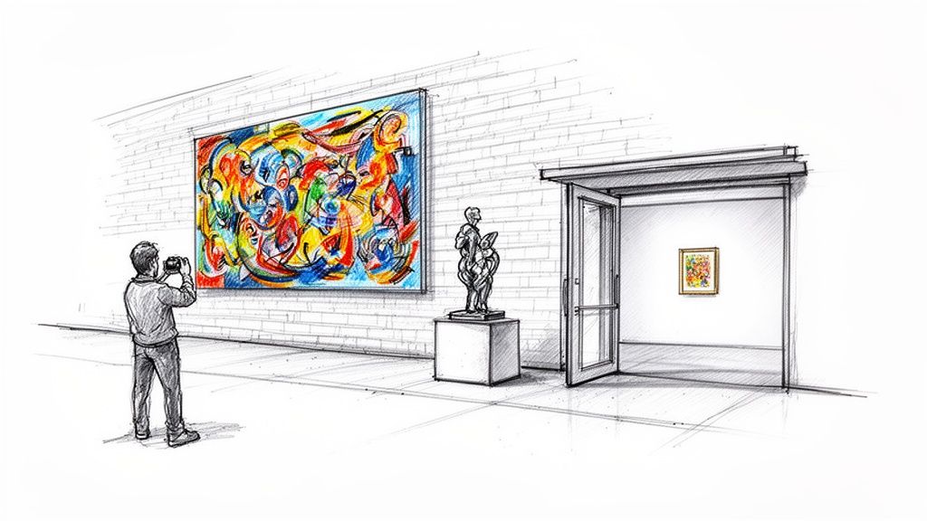 A detailed sketch of an art gallery, showing a person photographing a large, vibrant abstract painting, a sculpture on a pedestal, and an open doorway leading to another room with a smaller framed artwork.