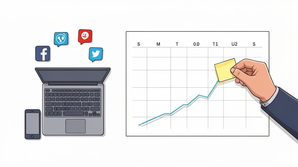 Social media marketing tools and a graph showing digital performance tracking and growth.