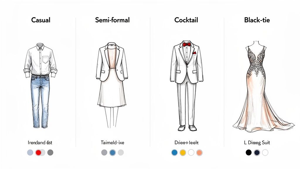 Illustrations depicting different dress codes: casual, semi-formal, cocktail, and black-tie outfits.