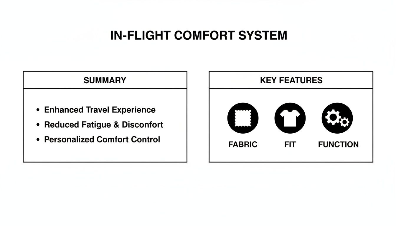 In-flight comfort system diagram showing summary details and key features: fabric, fit, and function.