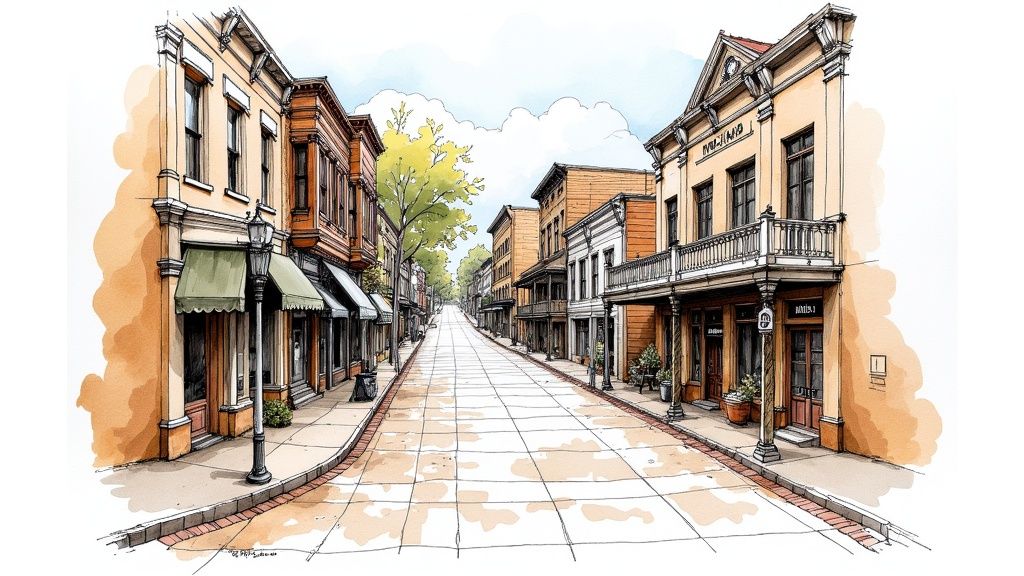 A charming watercolor sketch of a historic main street lined with shops, awnings, and trees.