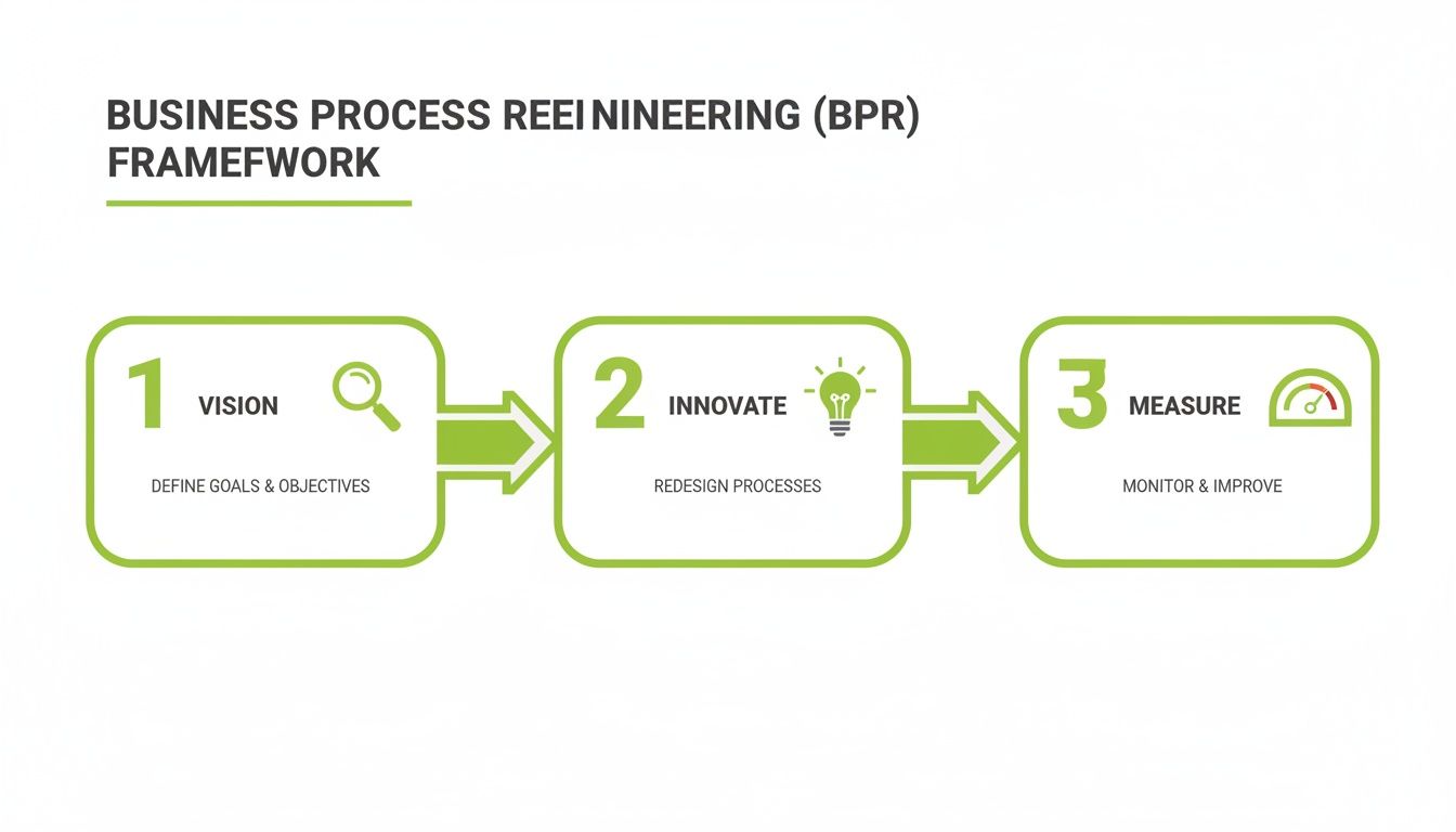 Business Process Reengineering (BPR) framework illustrating three sequential steps: Vision, Innovate, and Measure.