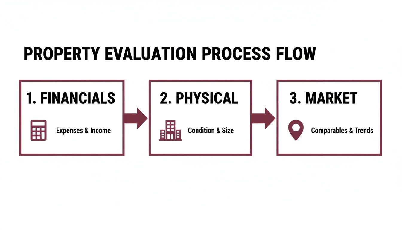 A flow chart illustrating the three steps of property evaluation: financials, physical condition, and market analysis.