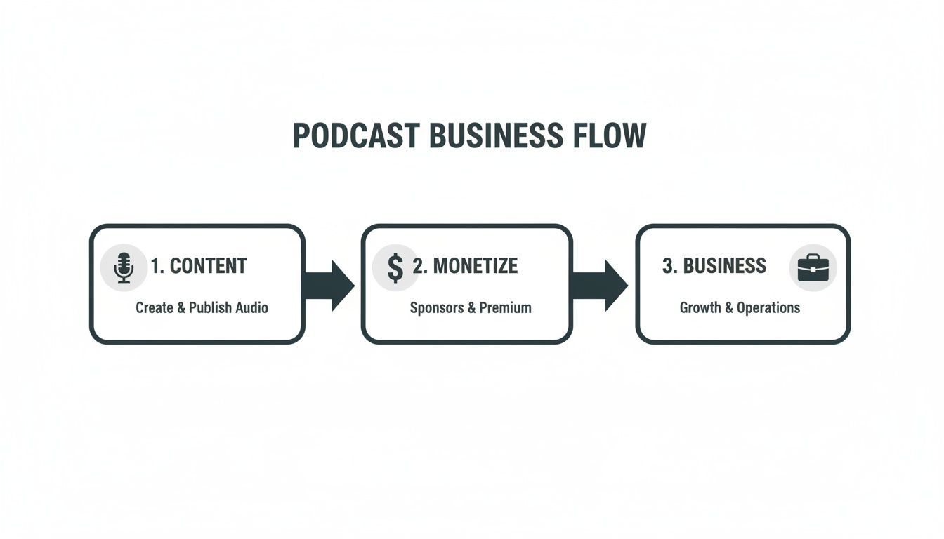 A diagram illustrating the three-step podcast business flow: content creation, monetization, and business operations.