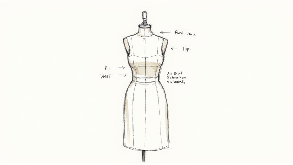 A fashion design dress form with labels pointing to the bust, hips, waist, and other measurements.