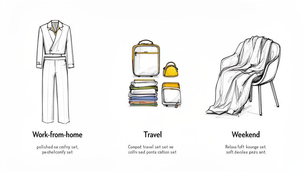 Three sketches showing women's outfits and essentials for work-from-home, travel, and weekend relaxation.