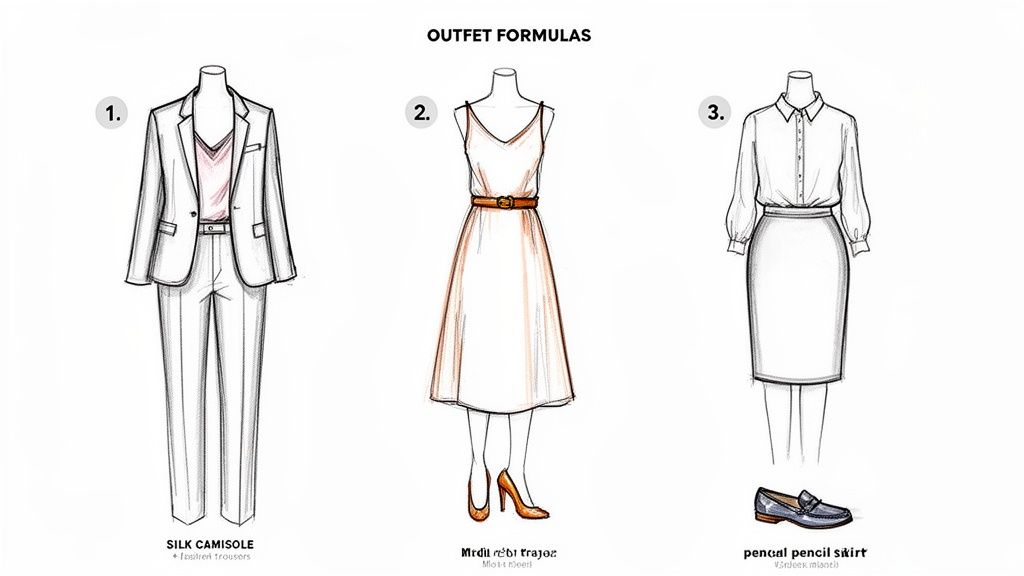 Three professional business outfits, including a white suit, a midi dress, and a pencil skirt ensemble.