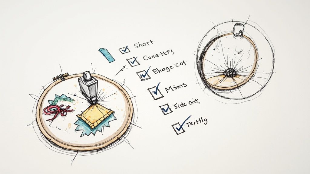 Hand-drawn sketch of embroidery hoops with crafting materials and a checklist with several checked items.