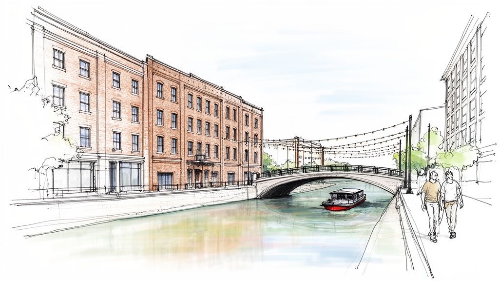 An architectural sketch shows a vibrant urban canal scene with brick buildings, a boat, and pedestrians.