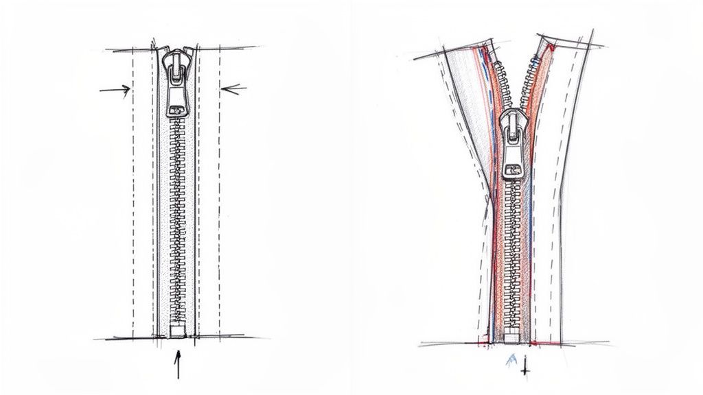 Two technical diagrams illustrating a zipper, one closed with seam allowances and one open, showing construction.