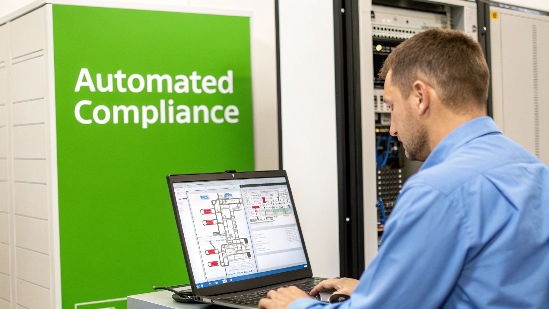 Technician using a laptop in a data center with an 'Automated Compliance' sign.