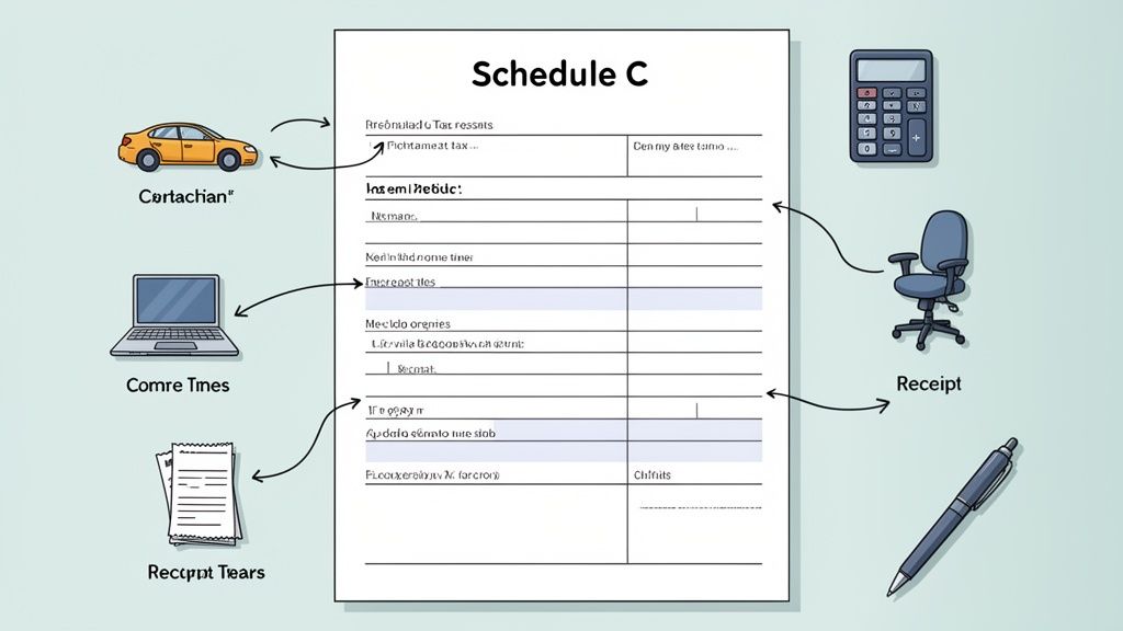 A photograph of a Schedule C tax form with a pen and calculator, surrounded by receipts and financial documents.