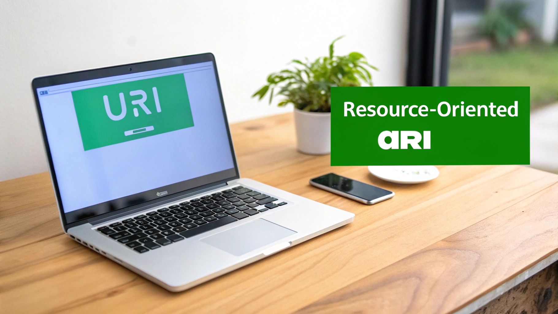 A laptop on a wooden desk displaying 'URI' on its screen, alongside a plant and smartphone, with a 'Resource-Oriented aRI' overlay.