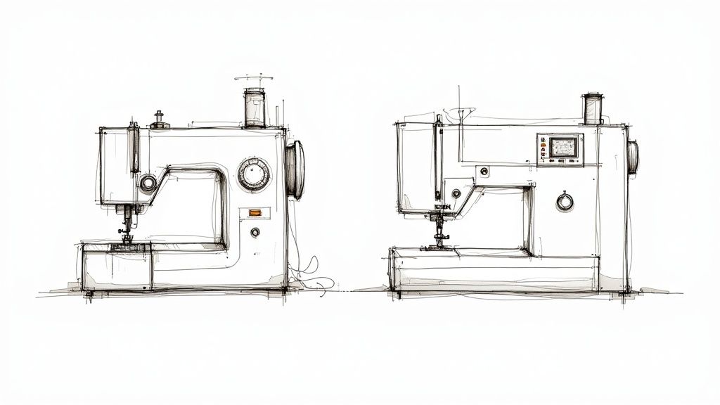 A detailed shot of a computerized sewing machine's digital display and buttons, contrasted with the gears of a mechanical model.