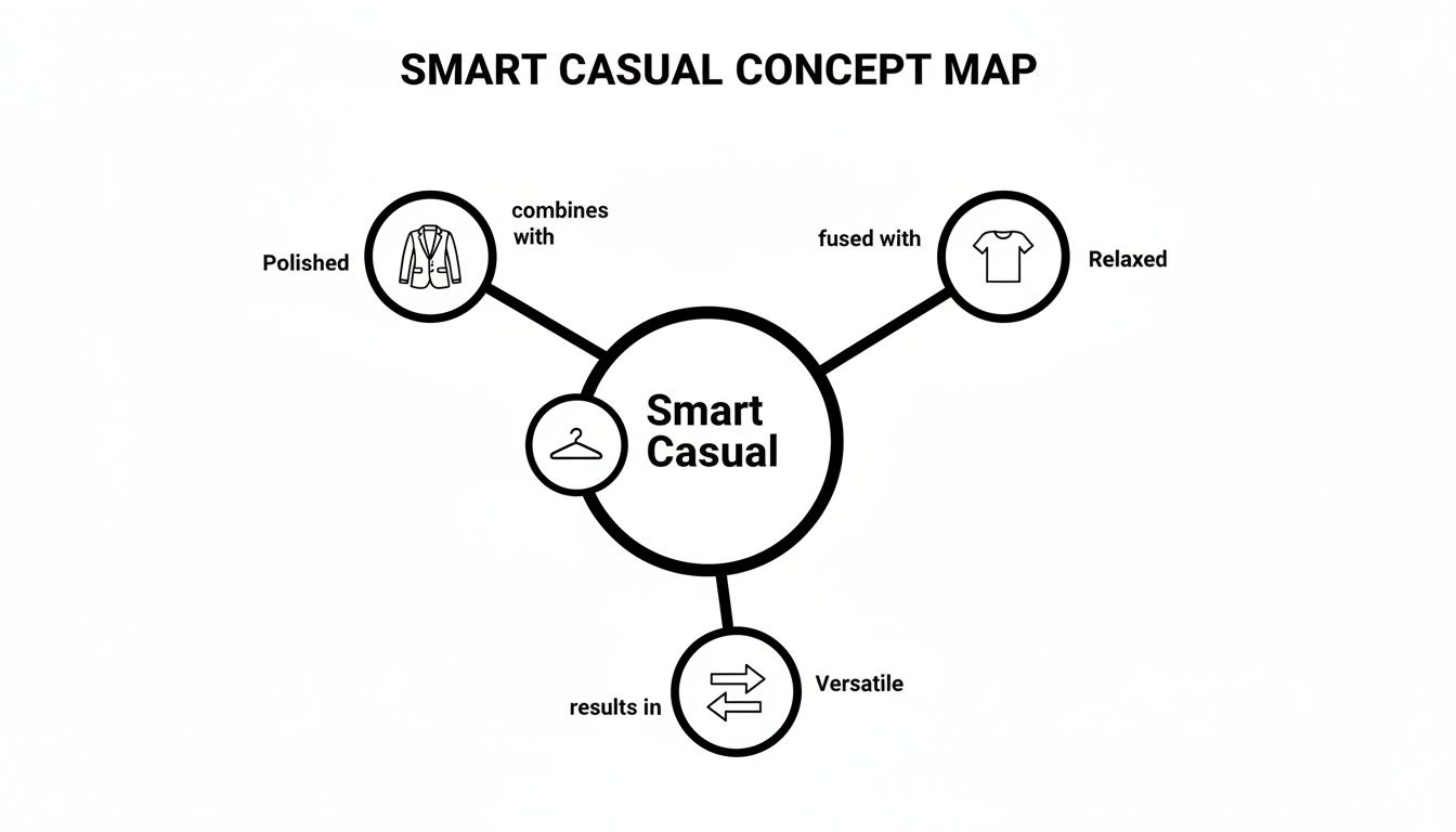 A smart casual concept map illustrating how it combines polished with relaxed, resulting in versatility.