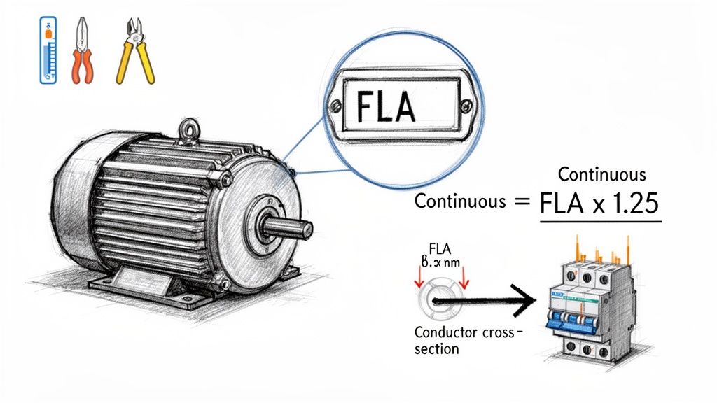 Diagram illustrating motor FLA, conductor sizing, and circuit breaker selection for continuous operation.