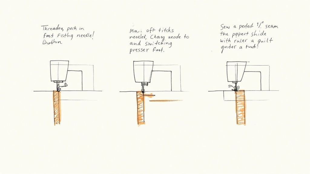 A beginner quilter setting up their sewing machine and practicing their first stitches on fabric scraps.